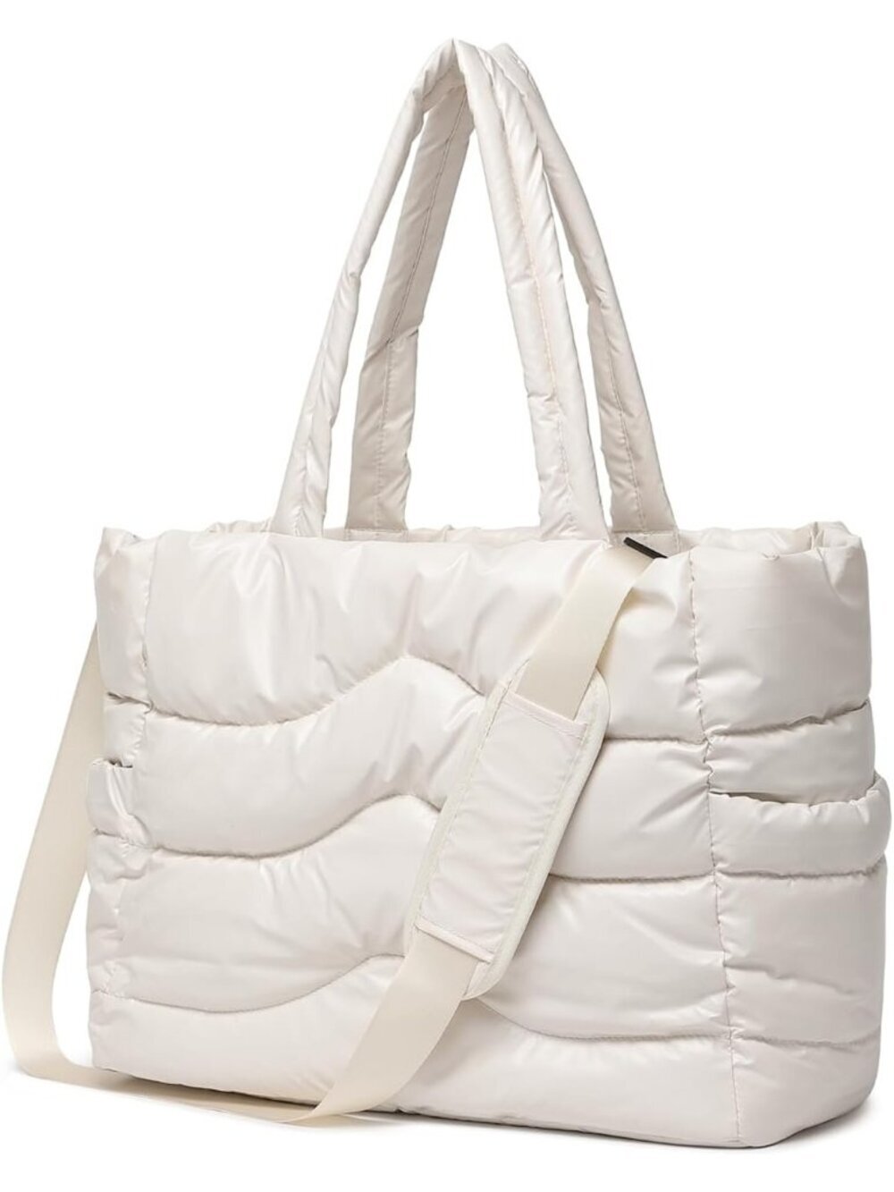 Women's Milk White Polyester Zipper Stylish Quilted Puffer Tote Shoulder Bag